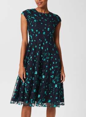Hobbs London Tia Embroidered Floral Midi Dress Navy Blue US 14